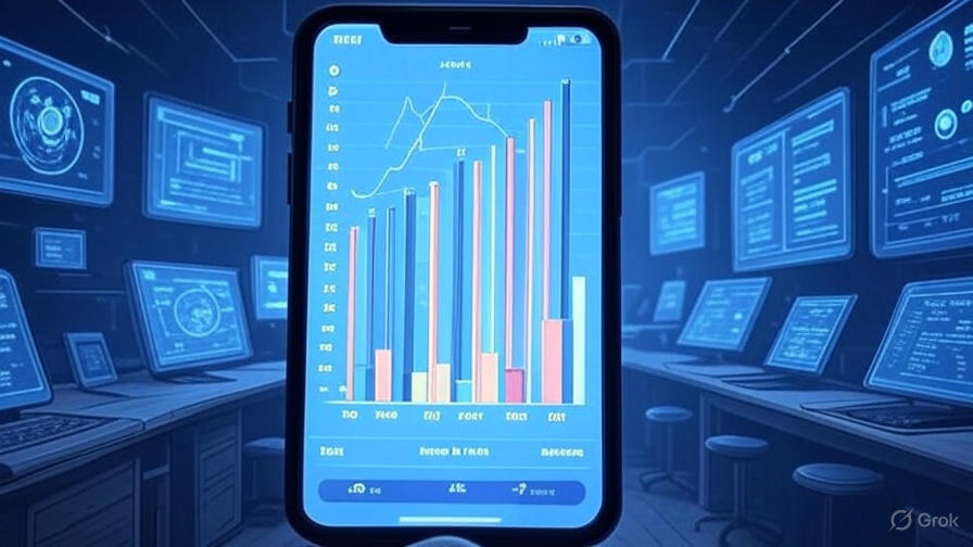 Ilustração mockup de um gráfico mostrando ganhos de velocidade com IA on-device em um smartphone, estilo cartoon
