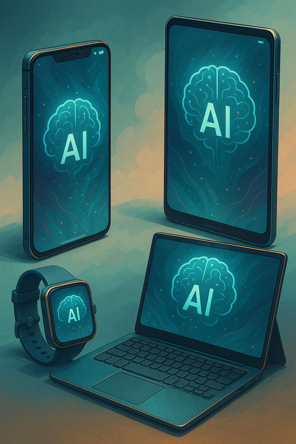 Mockup ilustrado de dispositivos móveis futuristas com IA on-device, em estilo artístico