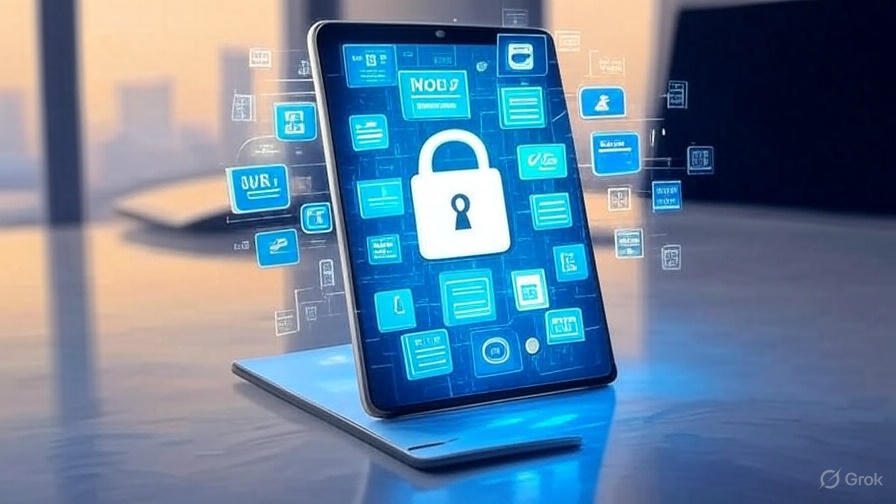 Mockup ilustrado de um cadeado protegendo dados em um tablet com IA on-device, em estilo artístico