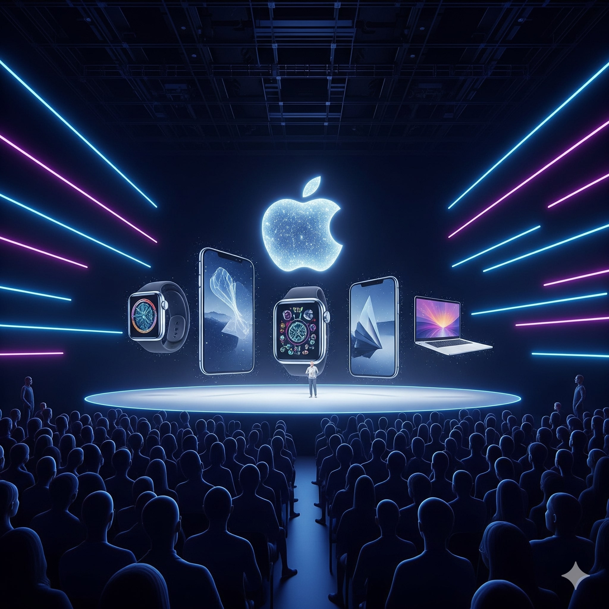 Visão futurística de produtos Apple em um evento, com o logo da Apple em destaque.