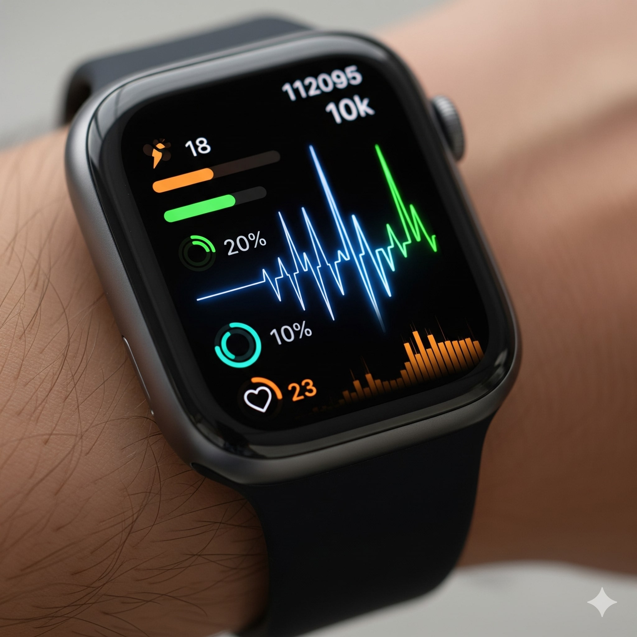 Mockup do Apple Watch X com interface futurística mostrando dados de saúde.