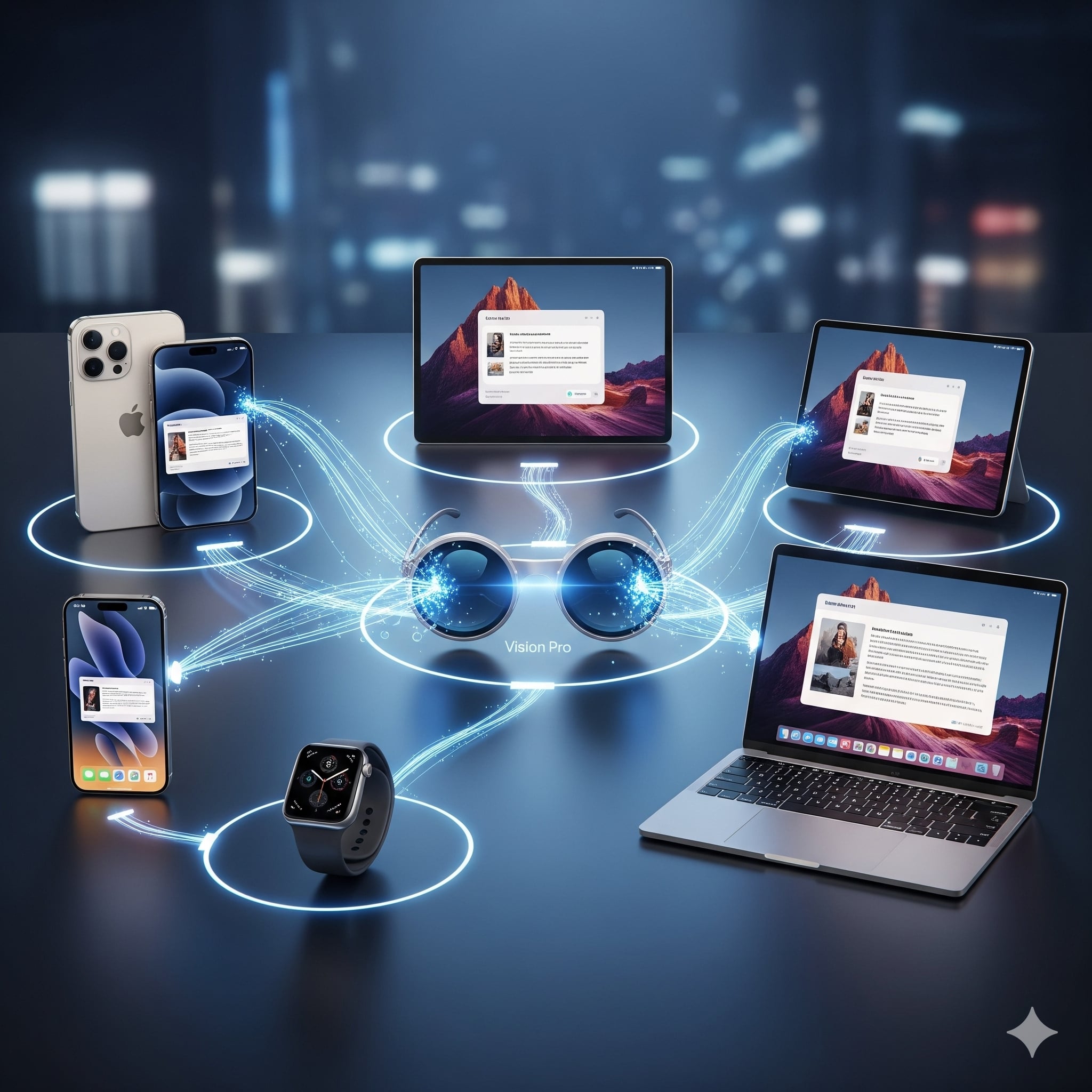 Visão futurística de um ecossistema Apple interconectado, com vários produtos trabalhando em conjunto.
