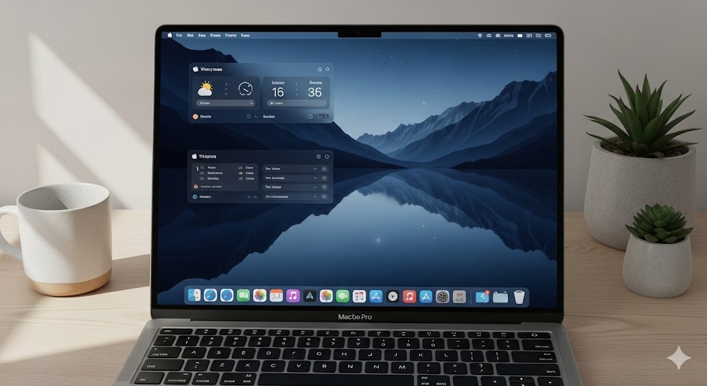 Mockup de um MacBook com a interface do macOS Tahoe, mostrando a nova área de trabalho organizada e um visual moderno.