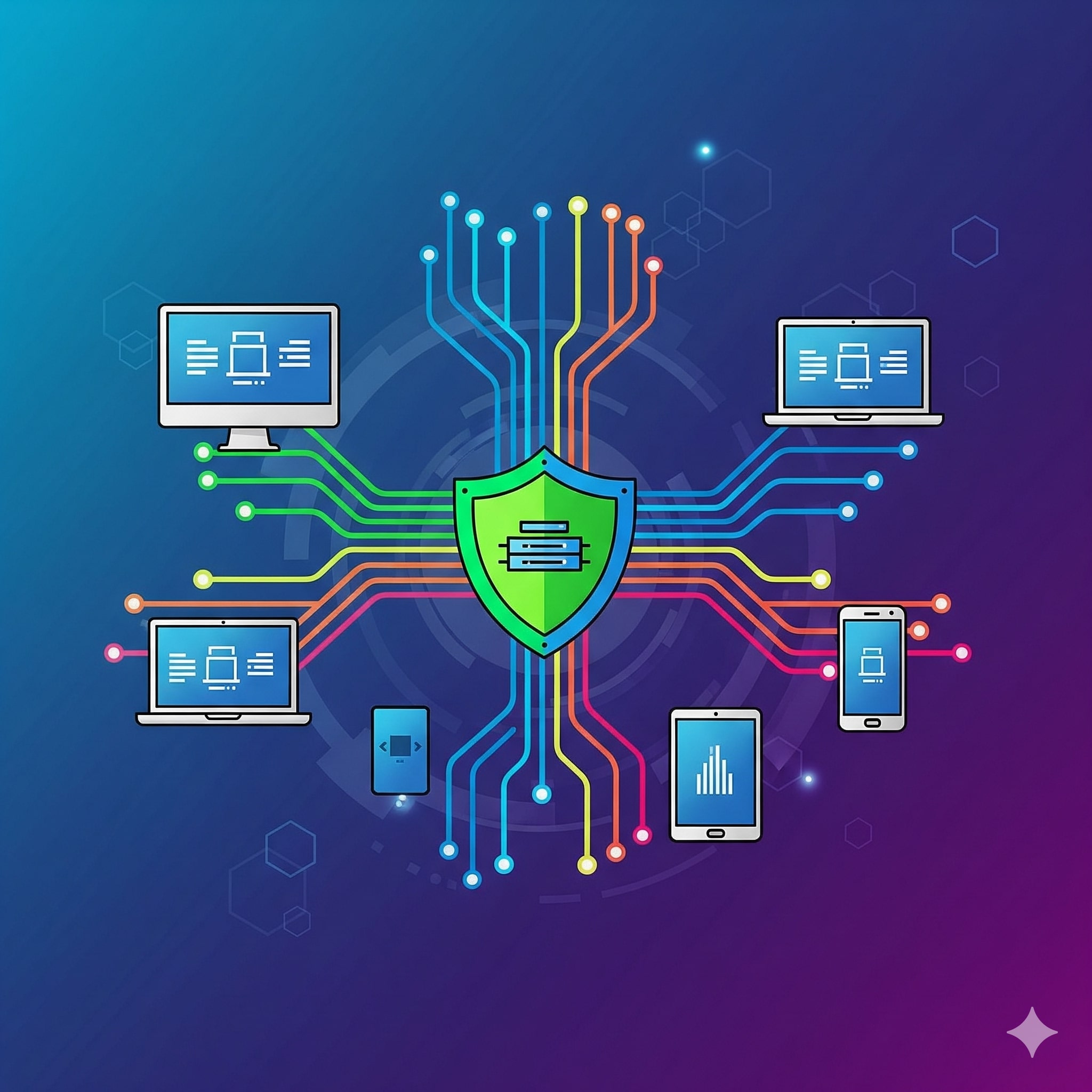 Visão ilustrada de um escudo digital protegendo dados online.
