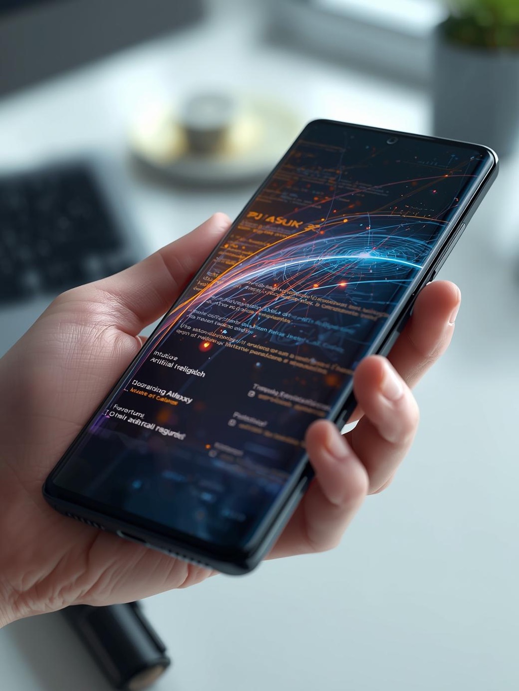 Mão segurando o Samsung Galaxy S26 Ultra mostrando recursos de Inteligência Artificial