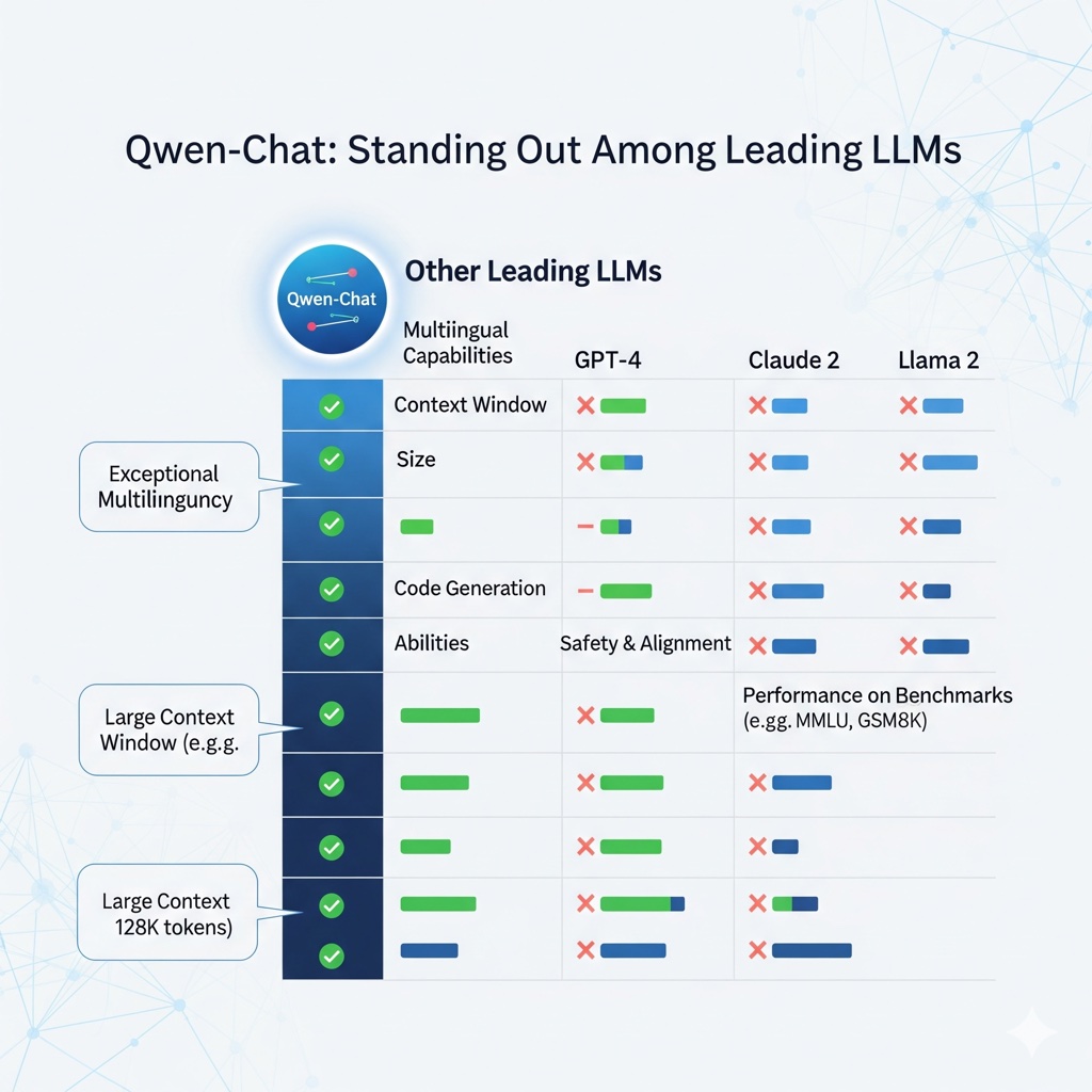 Gráfico comparativo entre Qwen-Chat e outros LLMs, destacando suas vantagens.
