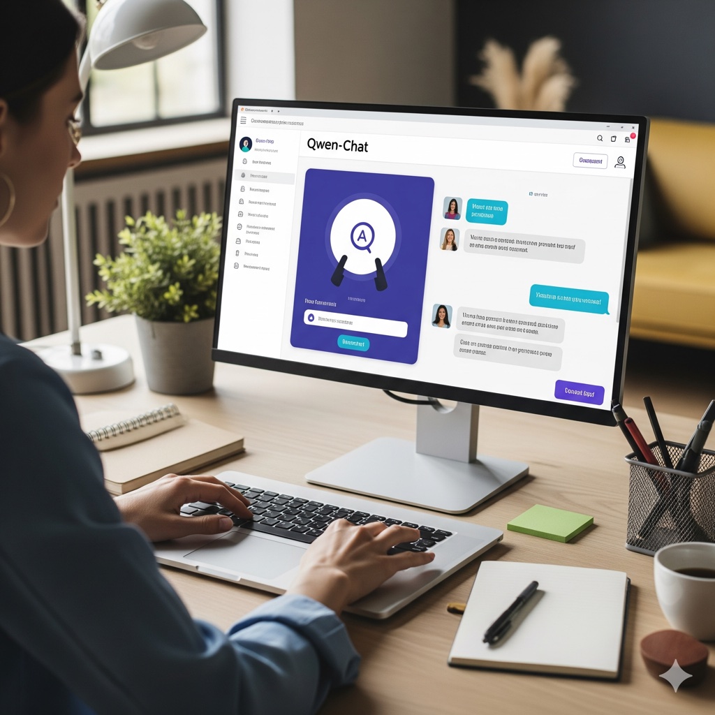 Profissional de marketing usando Qwen-Chat para criar conteúdo digital.