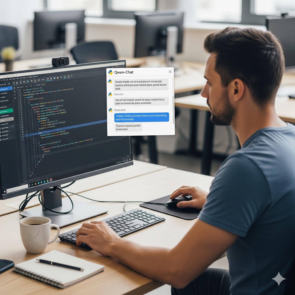 Desenvolvedor trabalhando em código com o auxílio do Qwen-Chat.