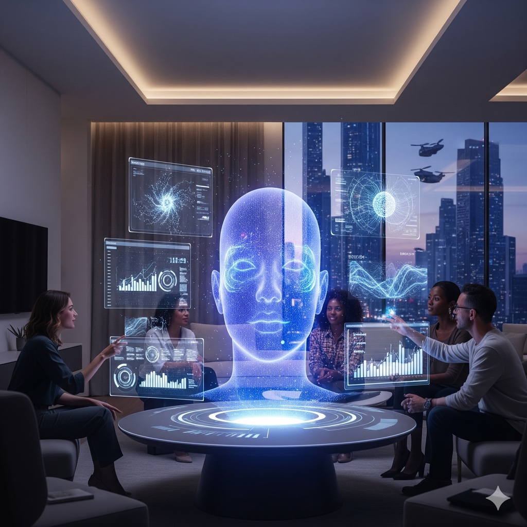 Visão futurística da inteligência artificial conversacional, com hologramas e interfaces avançadas.