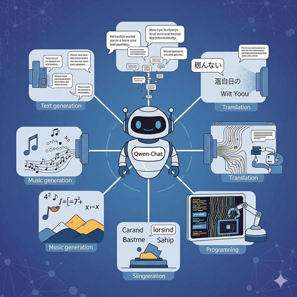 Ilustração dos diversos recursos do Qwen-Chat, como geração de texto, tradução e programação.