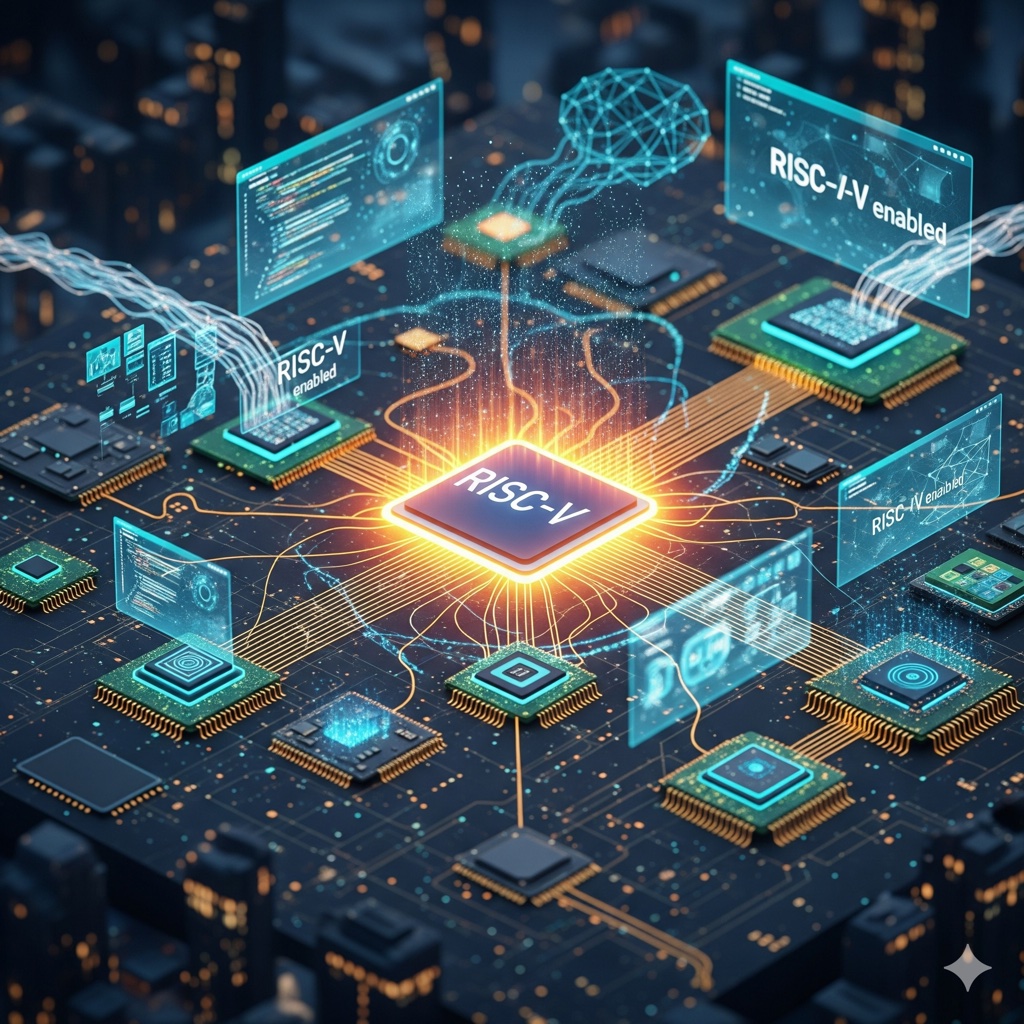 Visualização de um ecossistema tecnológico interconectado com diversos componentes de hardware e software simbolizando a colaboração em torno do RISC-V.