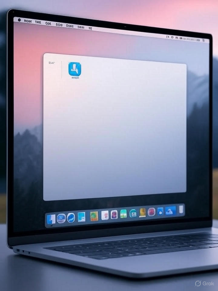 Interface futurista do macOS Tahoe com elementos visuais fluidos e cores vibrantes, exibindo novos ícones de aplicativos e uma barra de tarefas redesenhada.
