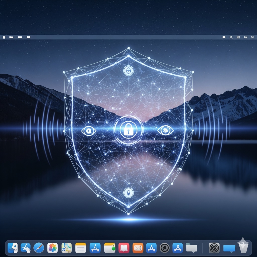 Representação visual de um escudo digital ou firewall, simbolizando as robustas funcionalidades de segurança e privacidade do macOS Tahoe.