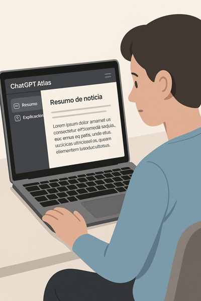 Pessoa usando o ChatGPT Atlas para resumir uma notícia em uma barra lateral