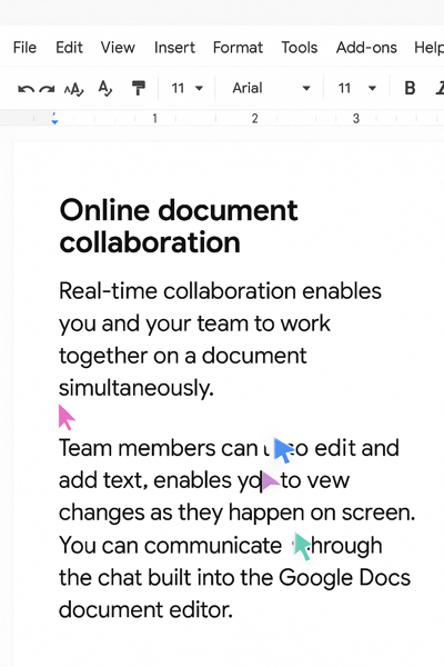 Interface do Google Docs mostrando vários usuários colaborando em um mesmo documento