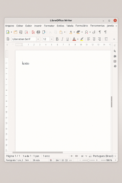 Interface do LibreOffice Writer exibindo documento aberto com menus e ferramentas visíveis