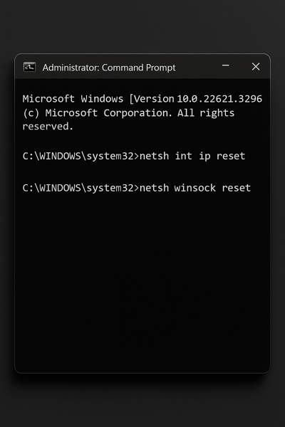 Prompt de comando mostrando comandos netsh