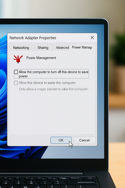 Opções de energia do adaptador de rede