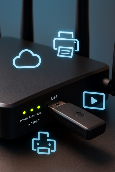 Roteador com entrada USB conectando dispositivos em rede