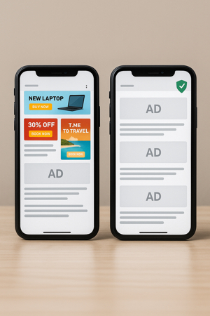 Exemplo visual de antes e depois do uso de bloqueador de anúncios
