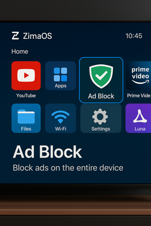 Painel do ZimaOS mostrando configurações de bloqueio de anúncios