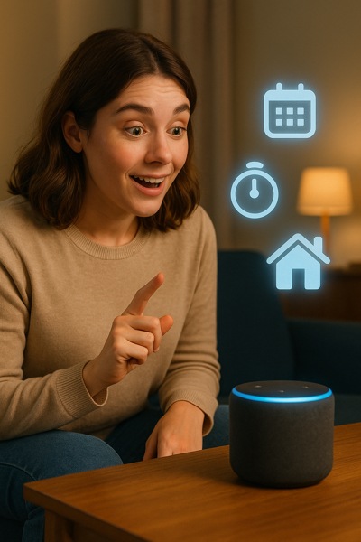 Usuário falando com a Alexa em casa e recebendo respostas úteis no dia a dia.