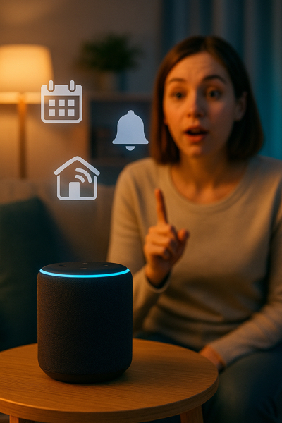 Ambiente doméstico com iluminação aconchegante e a Alexa tocando música ambiente.