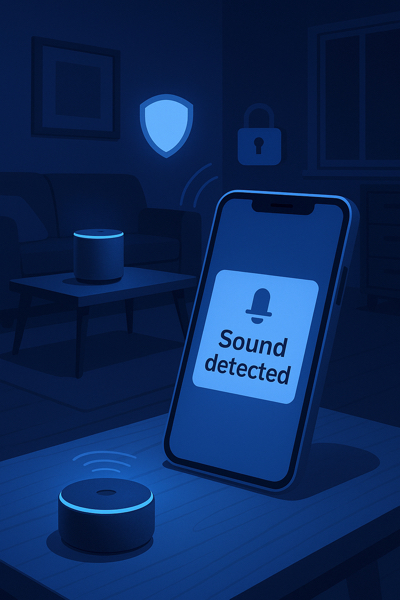 Alexa monitorando um ambiente doméstico e enviando alerta para o celular do usuário.