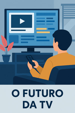 Televisão futurista com hologramas e interações digitais