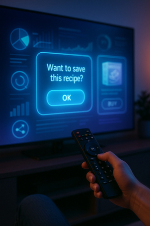 Interface interativa em TV com opções de escolha e botões na tela