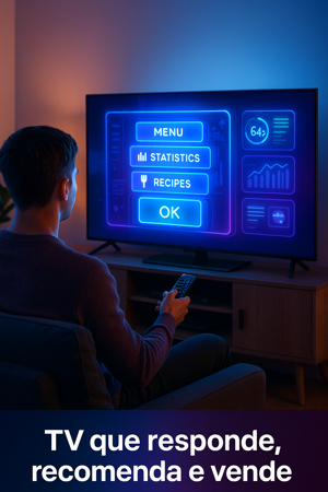 Pessoa utilizando TV moderna com interface interativa e ícones digitais