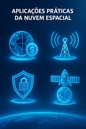 Painel com aplicações: finanças, segurança, conectividade e exploração espacial