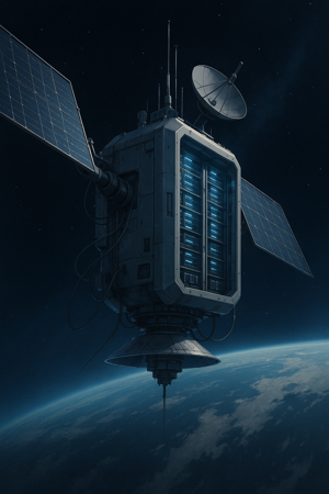 Satélite com módulos de servidores orbitando a Terra