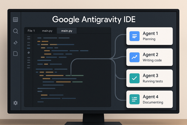 Painel do Google Antigravity IDE mostrando agentes de IA trabalhando em diferentes tarefas de código
