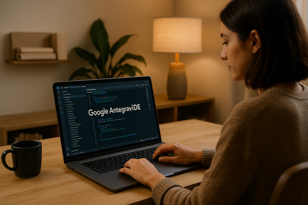 Pessoa trabalhando em home office usando o Google Antigravity IDE em um notebook