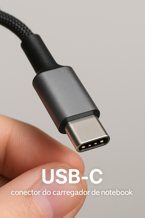 Conector USB-C sendo segurado com os dedos