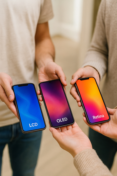 Vários smartphones lado a lado exibindo diferentes tipos de tela