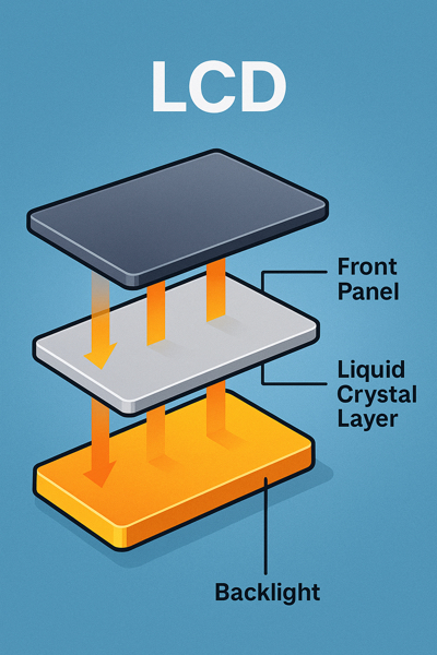 Ilustração mostrando camadas internas de uma tela LCD