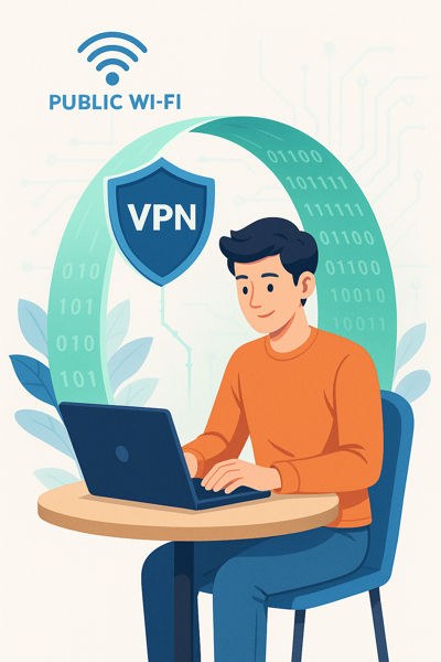 Ilustração de usuário protegido por túnel VPN criptografado em rede pública