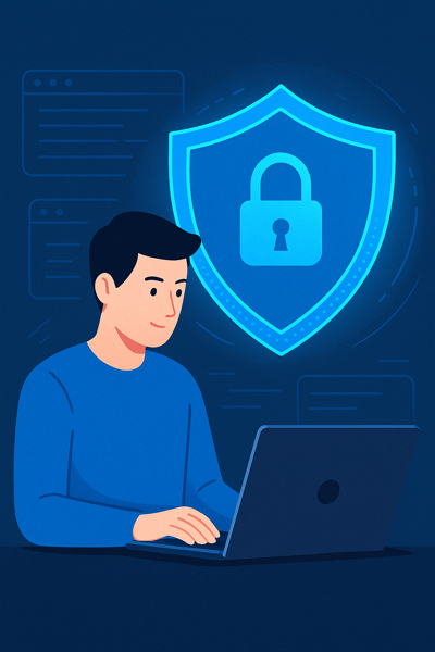 Pessoa navegando na internet com escudo digital representando segurança