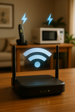 Ícones de micro-ondas, Bluetooth e telefone sem fio interferindo no sinal de Wi-Fi