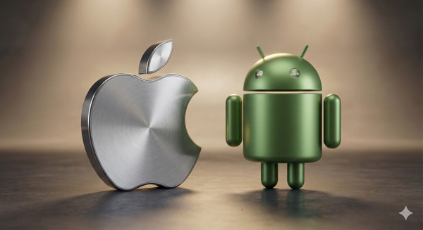 Logos do Android e da Apple em estilo metálico e futurista lado a lado