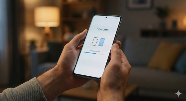 Mãos segurando um smartphone novo durante a tela de configuração inicial