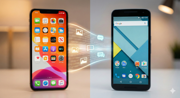 Ilustração de um smartphone Android e um iPhone conectados digitalmente trocando dados