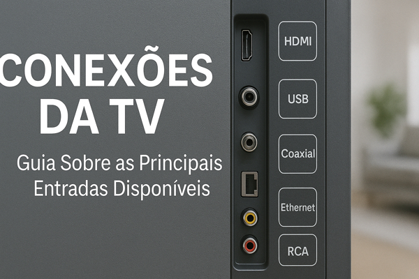 Vista traseira de uma TV com várias conexões identificadas visualmente