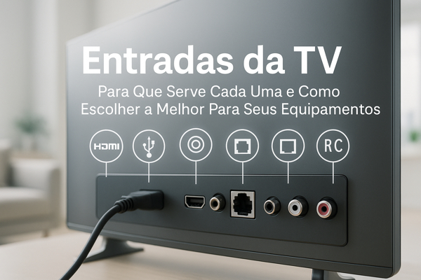Ilustração mostrando várias entradas de uma TV moderna como HDMI, USB e cabo de rede