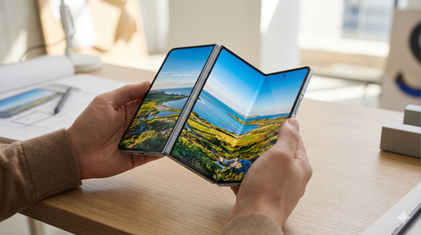 Detalhe da tela dobrável do Galaxy Z TriFold