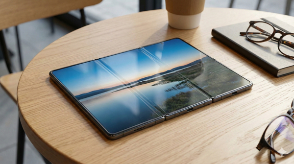 Galaxy Z TriFold aberto mostrando sua tela tri dobrável