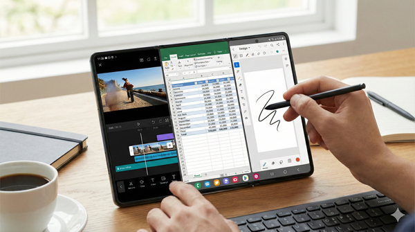 Galaxy Z TriFold em uso sobre uma mesa, com multitarefa ativa