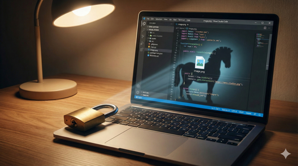 Ilustração de um computador com o logo do VS Code e uma lupa revelando um ícone de perigo escondido atrás de uma imagem.